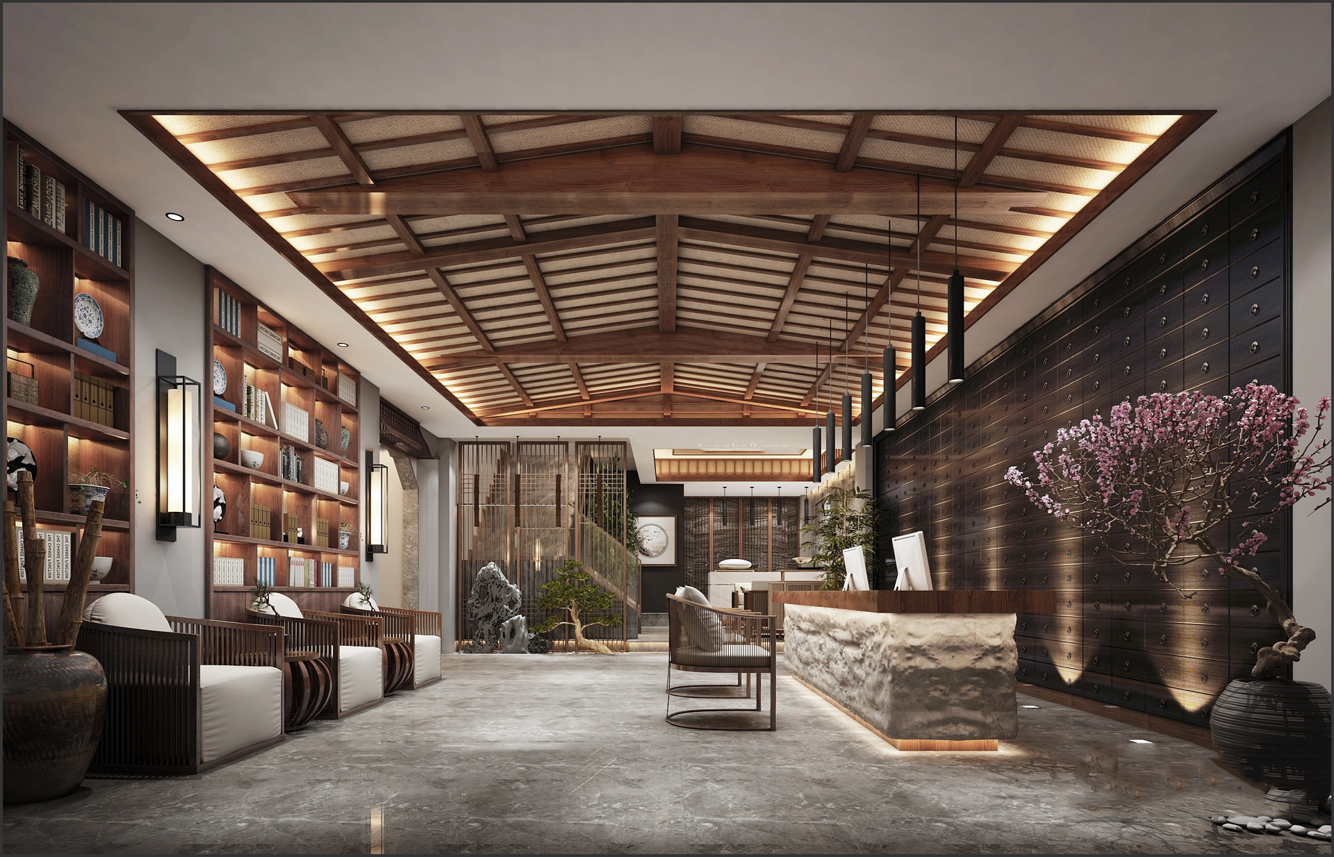 设计氛围 东方美学 禅意 原木风 场景模型 酒店 & 民宿 大堂 - 名师联